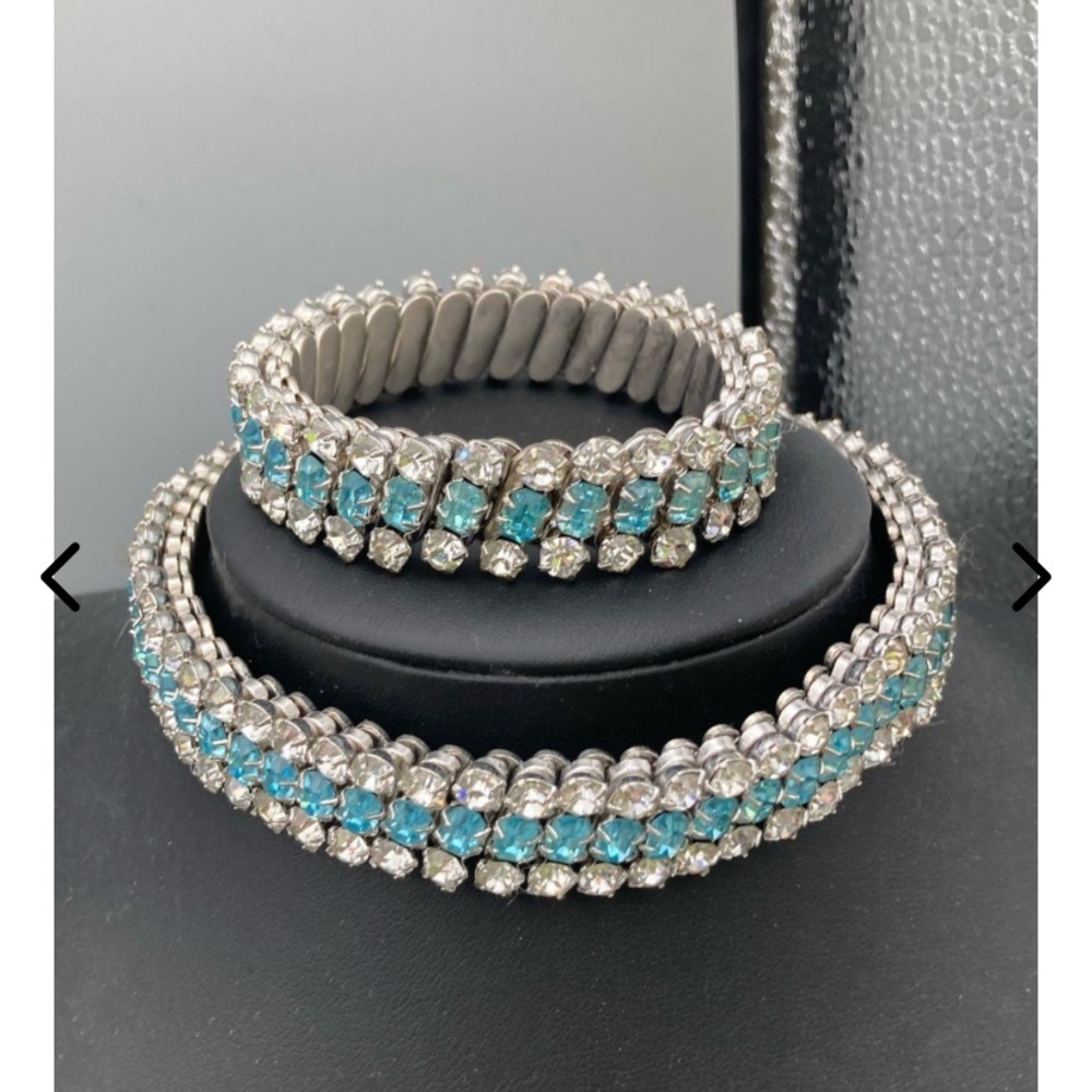 Vintage Light Blue Rhinestone Choker Necklace & Bracelet Set look @ the video